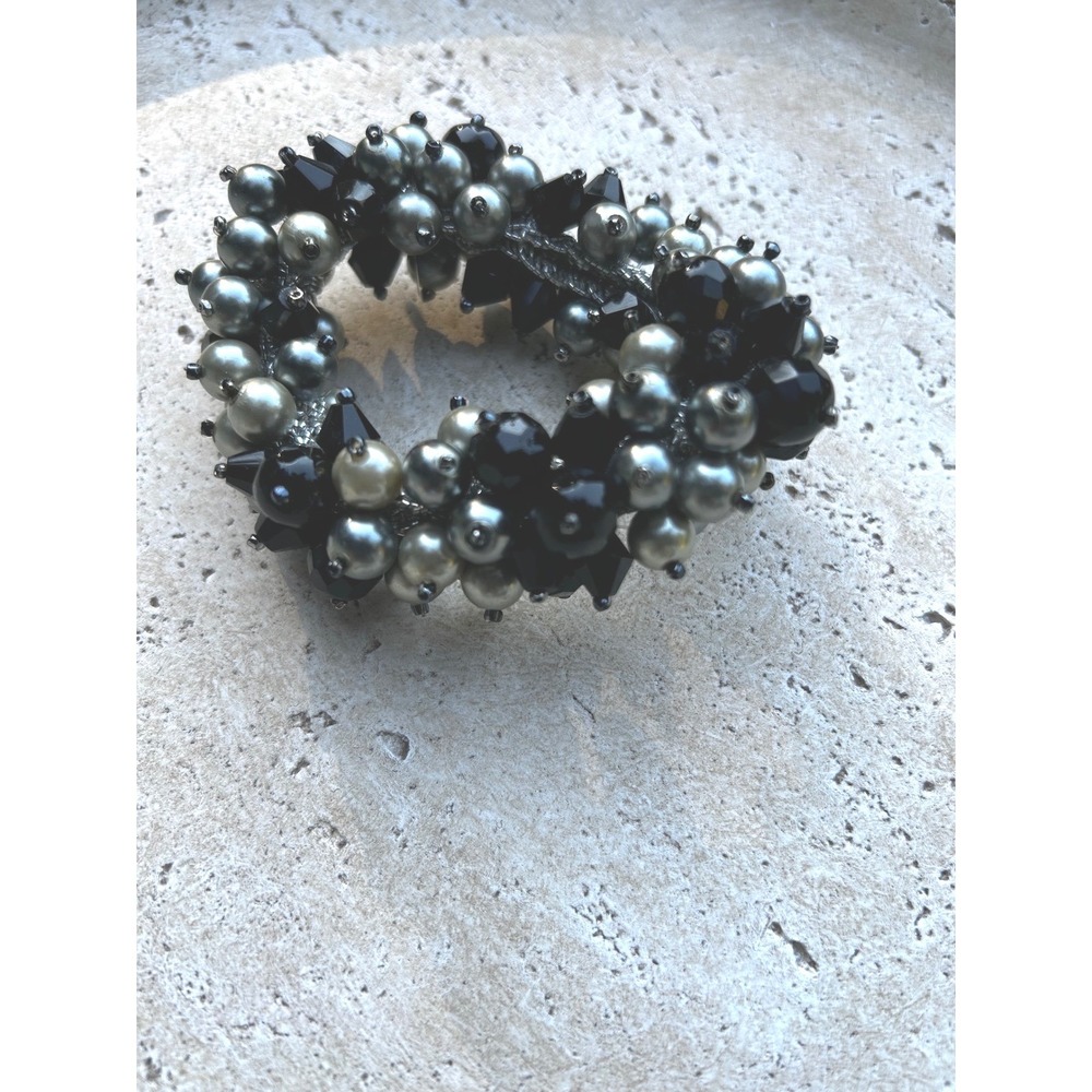Gunmetal Faux Pearl and Black Crystal Beaded Stretch Cluster Bracelet Statement